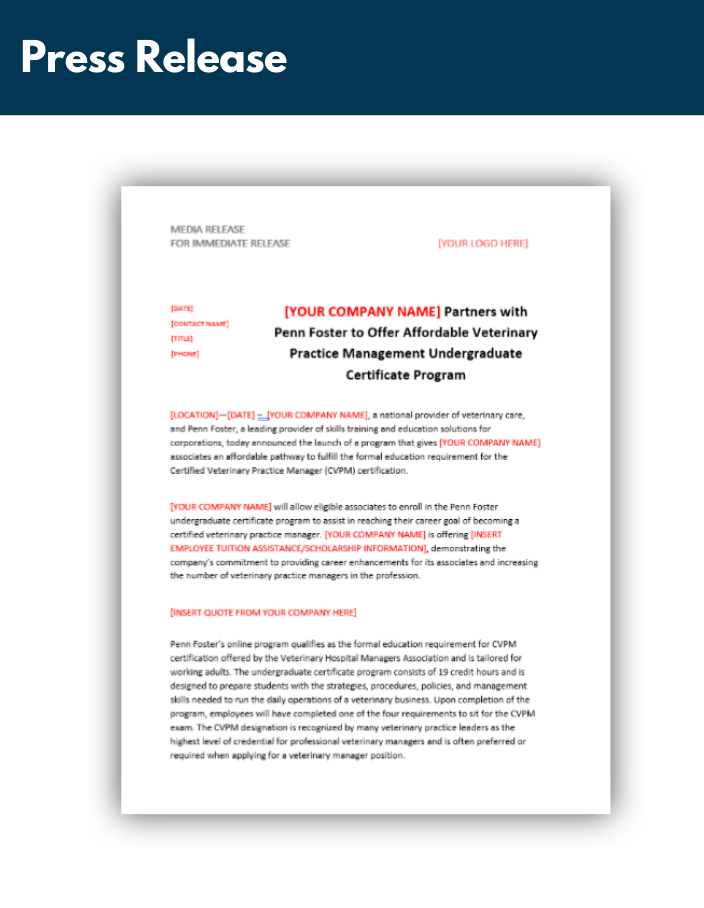 Vet Tech Associate Degree Press Release Template